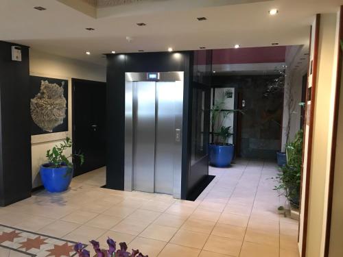 an elevator in a lobby with potted plants at Hotel La Aldea Suites in La Aldea de San Nicolas
