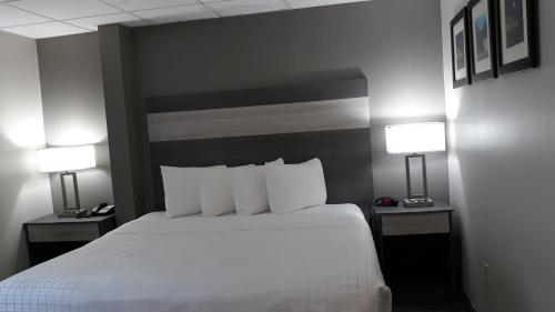 a hotel room with a bed and two lamps at Baymont by Wyndham Lafayette - Purdue University in Lafayette