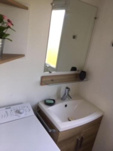 La petite salle de bains est pourvue d'un lavabo et d'un miroir. dans l'établissement Mobil home excellence le lac des rêves 4* LATTES, à Lattes