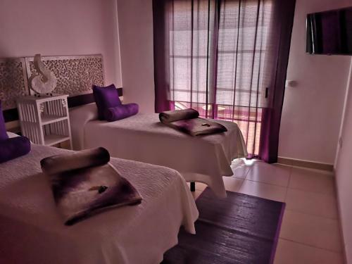 a bedroom with two beds and a window with purple pillows at Casa Mararía in Gran Tarajal