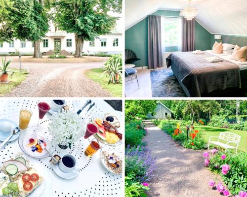 a collage of photos with a table of food in a garden at Drottning Victorias Hotell & Vilohem in Borgholm