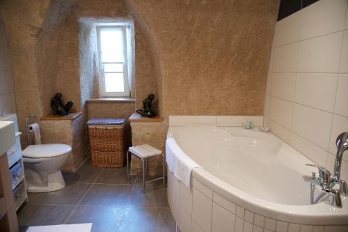 a bathroom with a large tub and a toilet at Maison Rebleuthof in Riquewihr