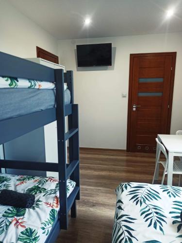 a room with two bunk beds and a table and a television at ZŁOTA PASIEKA Zator Przeciszów in Przeciszów