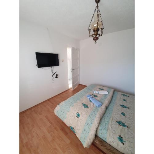 a bedroom with a bed and a flat screen tv at Caričin konak in Peta