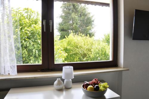 - un bol de fruits assis sur une table devant une fenêtre dans l'établissement Green Spirit vor den Toren von Frankfurt - Darmstadt, à Dreieich