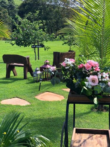 a park with benches and flowers on the grass at Paraíso Capitólio Suítes Pousada in Capitólio