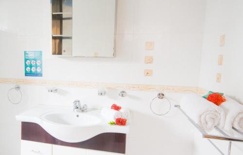 a white bathroom with a sink and a mirror at Pascalo Villa Apartment in Mahe