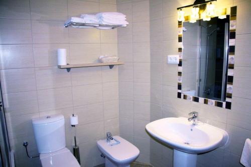 a white bathroom with a toilet and a sink at Apartamentos La Catedral in Roda de Isábena