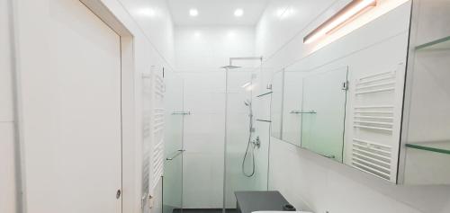 een witte badkamer met een douche en een wastafel bij BnBIsrael apartments - Rupin Ruby in Tel Aviv