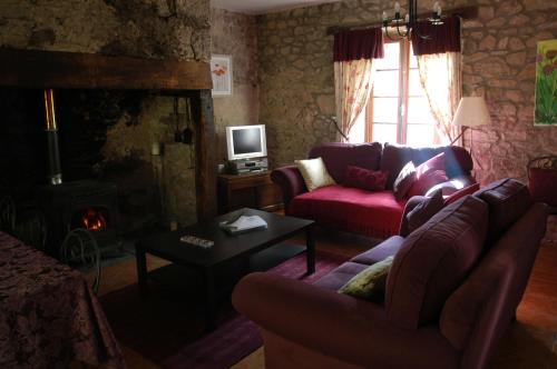 a living room with a couch and a fire place at Le Moulin des Farges in Meymac
