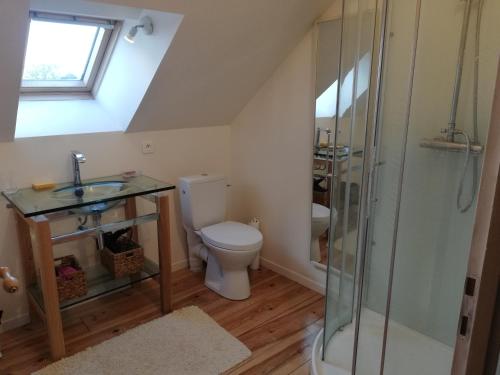 Un baño con inodoro, lavabo y ducha. en gite climatisé au calme à la campagne, en Branceilles
