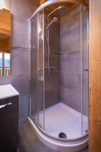une douche avec une porte vitrée dans une salle de bain dans l'établissement Chalet Skadi, à La Bresse