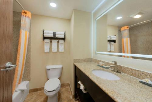 a bathroom with a toilet and a sink and a mirror at La Quinta by Wyndham Columbus - Grove City in Grove City
