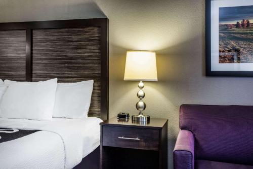 a hotel room with a bed and a lamp and a chair at La Quinta by Wyndham Lynchburg at Liberty Univ. in Lynchburg