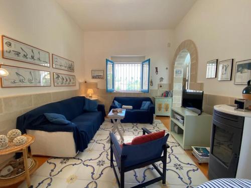 a living room with two blue couches and a tv at Villa Lucky in Punta Prosciutto
