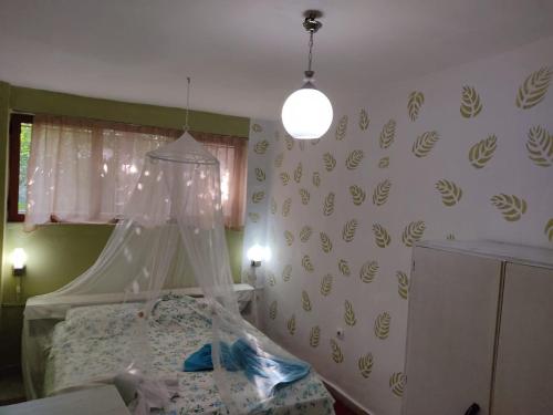 1 dormitorio con 1 cama con dosel en Private Apartment Elbasan Historic Center, en Elbasan