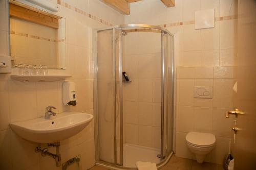 a bathroom with a shower and a sink and a toilet at Erlebnishotel Kärnten-Mölltal 3 Stern Superior in Obervellach