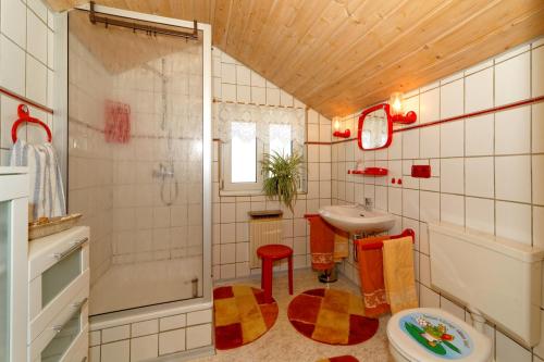 a bathroom with a shower and a sink and a toilet at Ferienwohnungen Claus in Frauenau