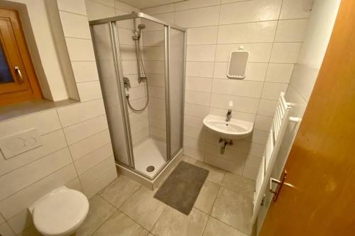 a bathroom with a shower and a toilet and a sink at Adventure Holiday Hub: Gartenhäusl in Mayrhofen