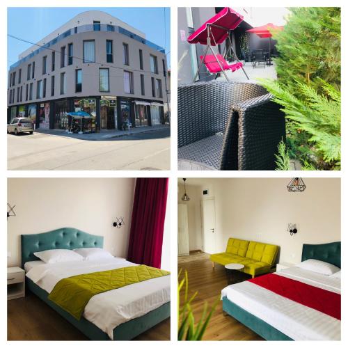 four pictures of a hotel room with a bed and a building at Colors Boutique in Obzor