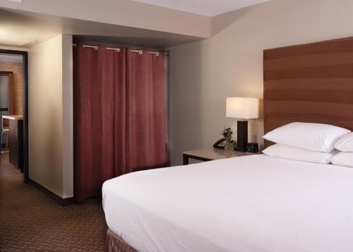 a hotel room with a large bed and red curtains at Hyatt Regency Green Bay in Green Bay