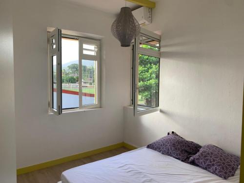 a bedroom with a bed and two windows at Cyparis in Saint-Pierre