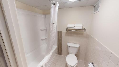 a bathroom with a toilet and a bath tub at AmericInn by Wyndham Mounds View Minneapolis in Mounds View