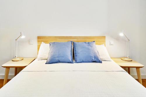 een slaapkamer met een bed met blauwe kussens en twee lampen bij VUT San Cristóbal LARANITASALAMANTINA in Salamanca