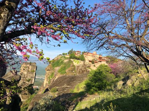 a castle on a hill with flowers on a tree at Archontiko Mesohori Meteora in Kalabaka
