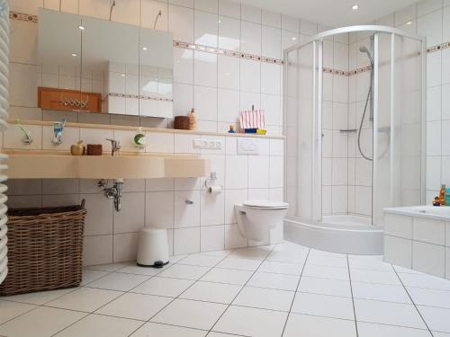 a bathroom with a shower and a toilet and a tub at Ferienwohnung Kunstmeile in Oberhausen