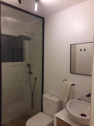 uma casa de banho com um chuveiro, um WC e um lavatório. em Casa en Pingueral em Dichato