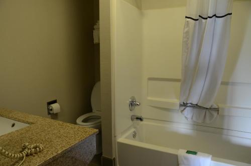 a bathroom with a tub and a toilet with a shower curtain at Clarksville Inn in Clarksville
