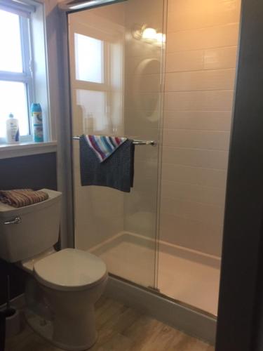 a bathroom with a toilet and a glass shower at Money Pennies Bed and Breakfast in Campbell River