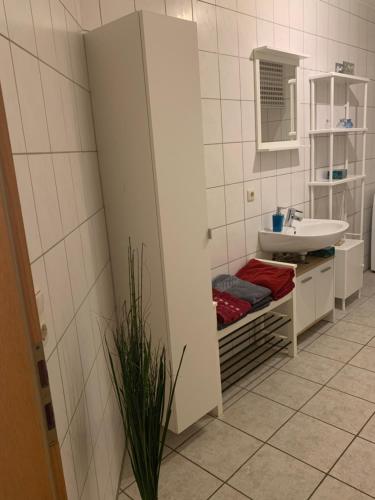 Baño blanco con lavabo y espejo en Ferienwohnung Klosterstrasse mit 2 Schlafzimmern, en Annaberg-Buchholz
