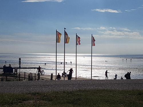 a beach with flags and people on the beach at Apartments am Kanal in Emden