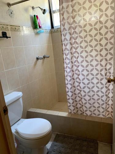 a bathroom with a toilet and a shower at Villas JABEL TINAMIT in Panajachel