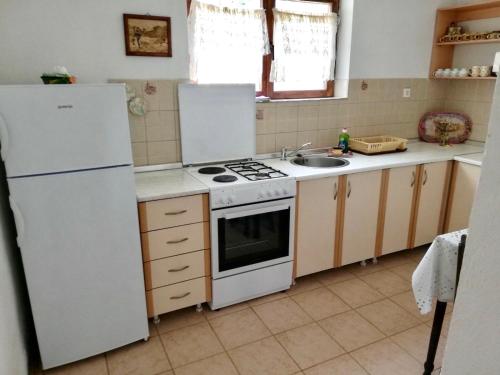 uma cozinha com um frigorífico branco e um lavatório em Villa ORKA Pelister - Forest Zone em Bitola