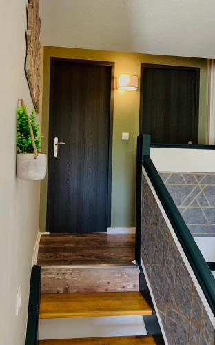 a hallway with a black door and stairs with a plant at Sublime vue, standing, spacieux, atypique in Muret