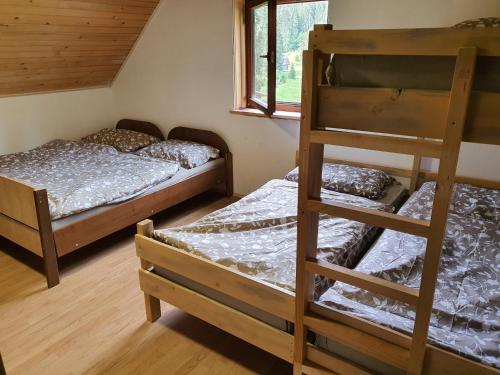 Kamna GoricaにあるKoča Goška ravanのベッドルーム1室(二段ベッド2台、窓付)が備わります。