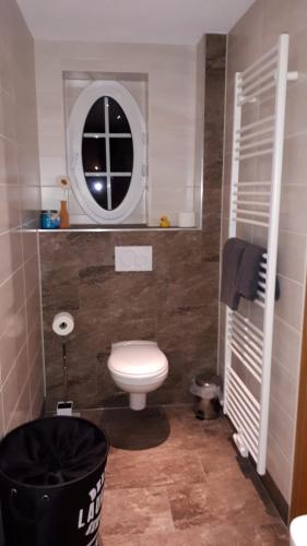 een kleine badkamer met een toilet en een raam bij gemütliche Ferienwohnung in der Oberlausitz in Habrachćicy