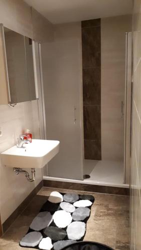 La salle de bains est pourvue d'un lavabo et d'une douche. dans l'établissement gemütliche Ferienwohnung in der Oberlausitz, à Habrachćicy