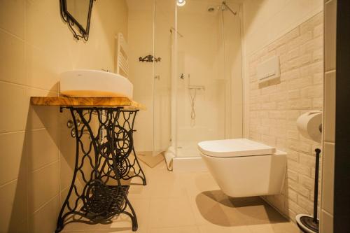 a bathroom with a white toilet and a shower at Hostel pod Cisem in Elblag