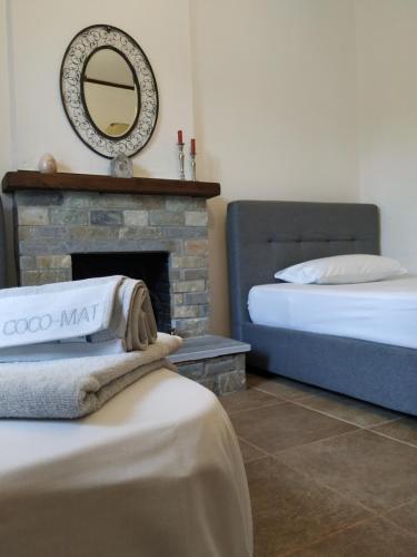 a bedroom with two beds and a fireplace with a mirror at Lemon Tree and Olive Garden House in Chorto