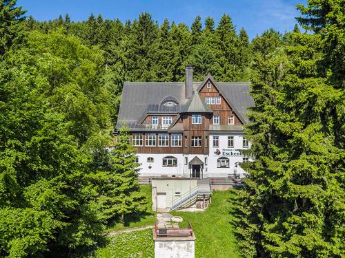 an aerial view of a large house in the woods at Pension und Gaststätte Naturbaude Eschenhof in Kurort Oberwiesenthal