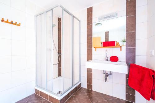 a bathroom with a shower and a sink at Erblehenhof in Forstau