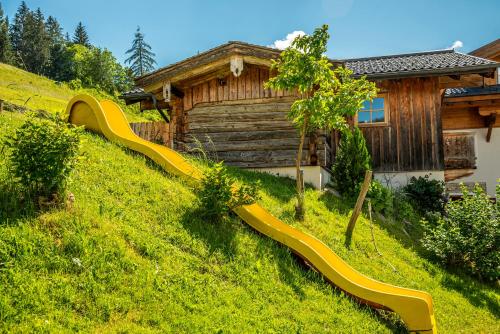 a playground with slides on a hill in front of a house at Erblehenhof in Forstau