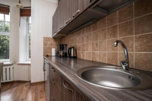 a kitchen with a large silver sink in a counter at Lāčplēša Central Apartments in Riga