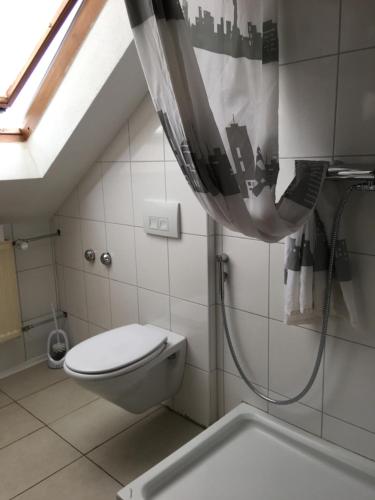 a bathroom with a toilet and a shower at Pension Alis Augsburg in Augsburg