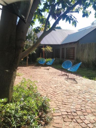 two blue chairs sitting on a brick patio at Ikamu's lodge in Germiston