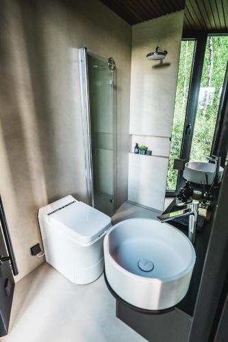 a bathroom with a white toilet and a sink at Maidla Nature Resort in Maidla